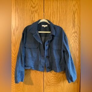 LOFT Navy Pinstripe Cropped Jean Jacket